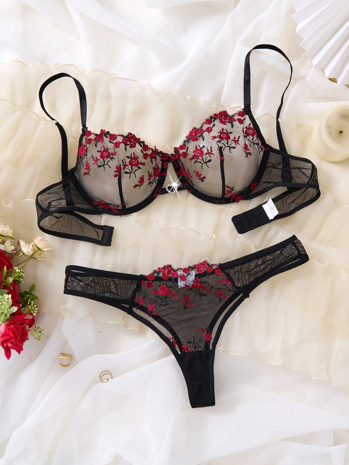 Black & Red Floral Embroidered Bra & Thong Set