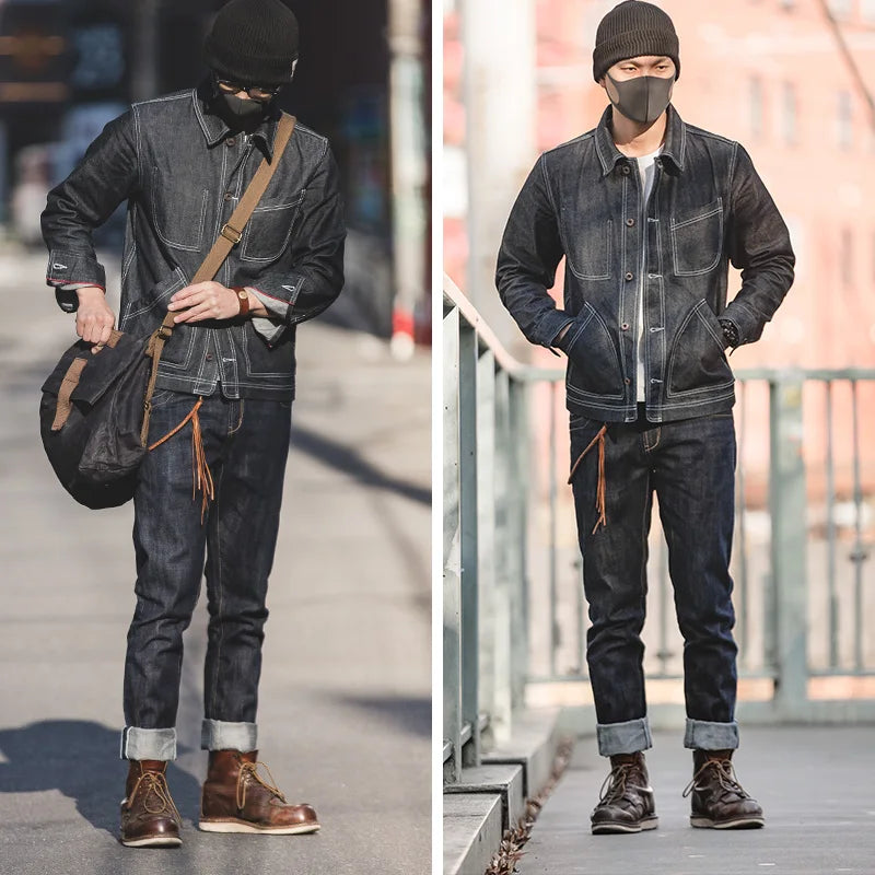 Maden Vintage 14oz Selvedge Raw Denim Jeans Horsehair Leather Patch Straight Fit Jeans Men's Spring and fall Paris Buckle Pants