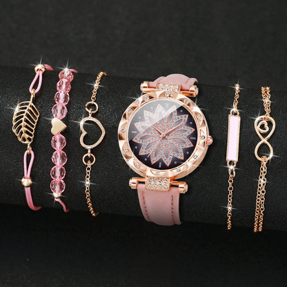 6PCS/Set Fashion Heart Dial Women's Watch Casual Leather Band Analog Quartz Watch Leaf Bracelets Set（Without Box）