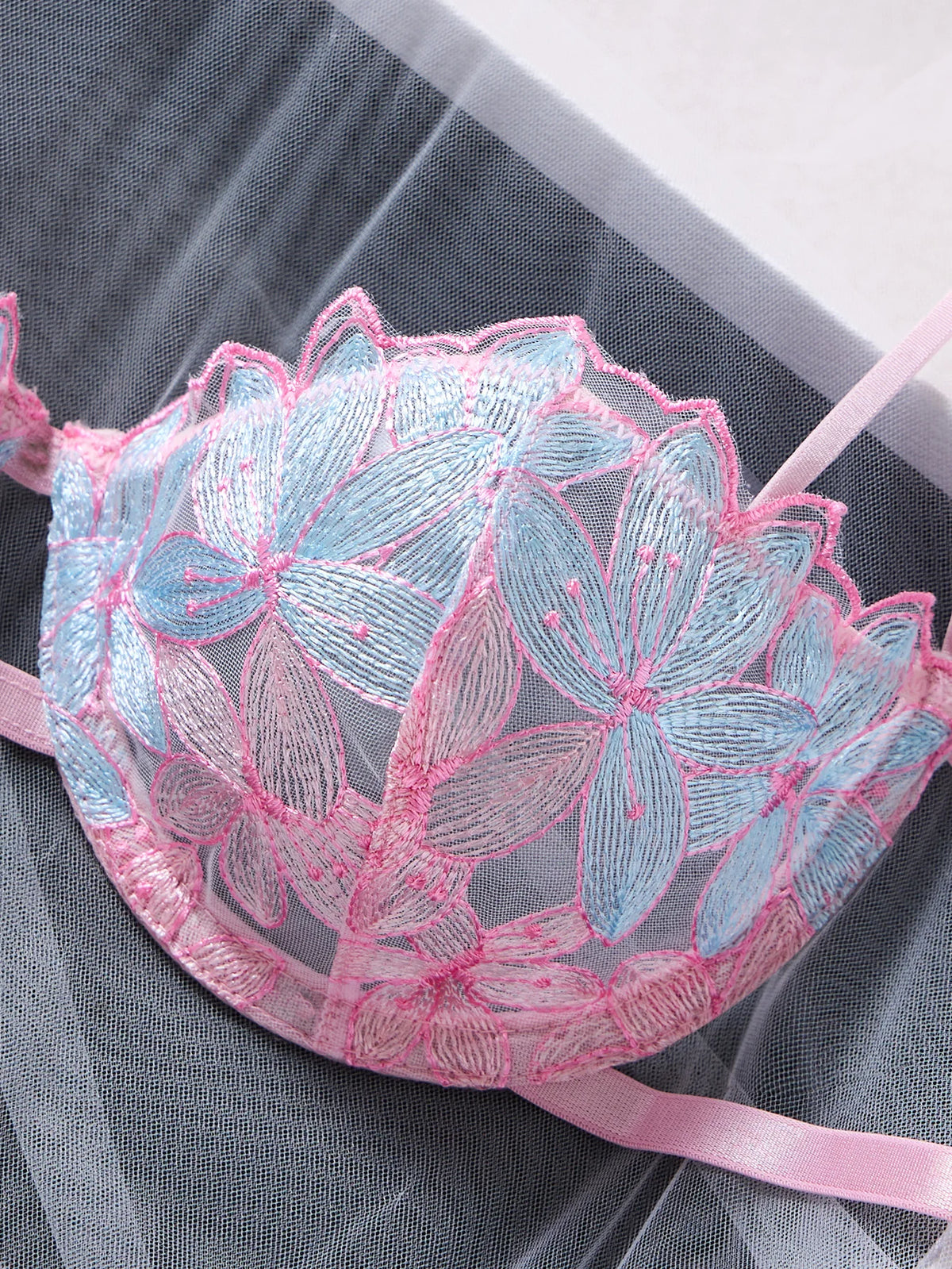 Pink & Blue Floral Embroidered Bra & Thong Set