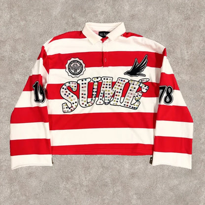 Y2K Retro Long Sleeve Polo Stripe Sume Embroidery Pattern Shirt Men Trend Sport Hip Hop Casual Streetwear Unisex Boxy Clothing