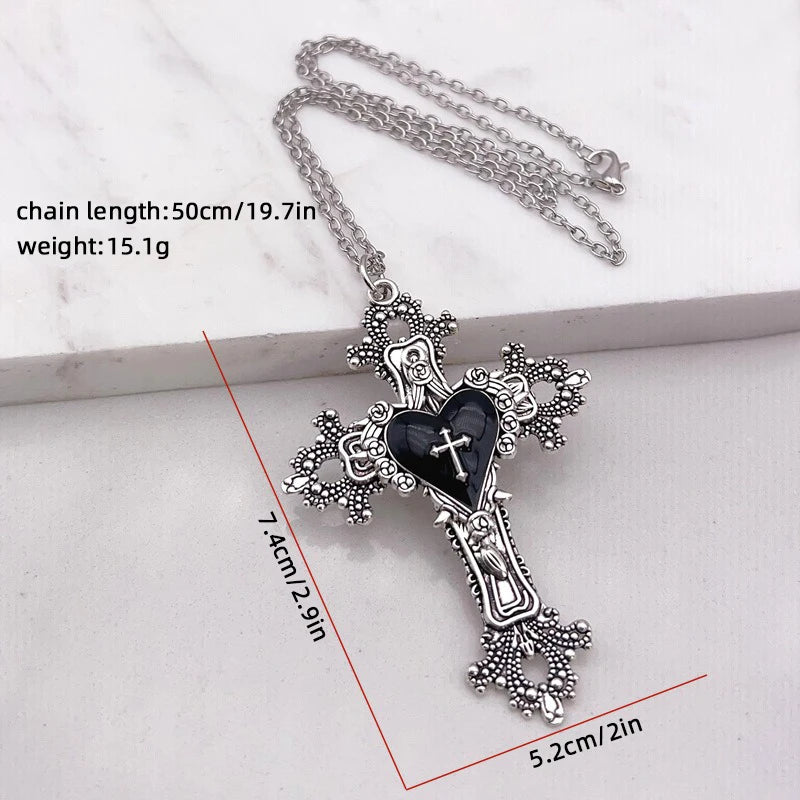 Y2K Gothic Big Cross Necklace Pink Black Red Heart Irregular Goth Large Cross Pendant Necklaces for Men Women Couple Jewelry