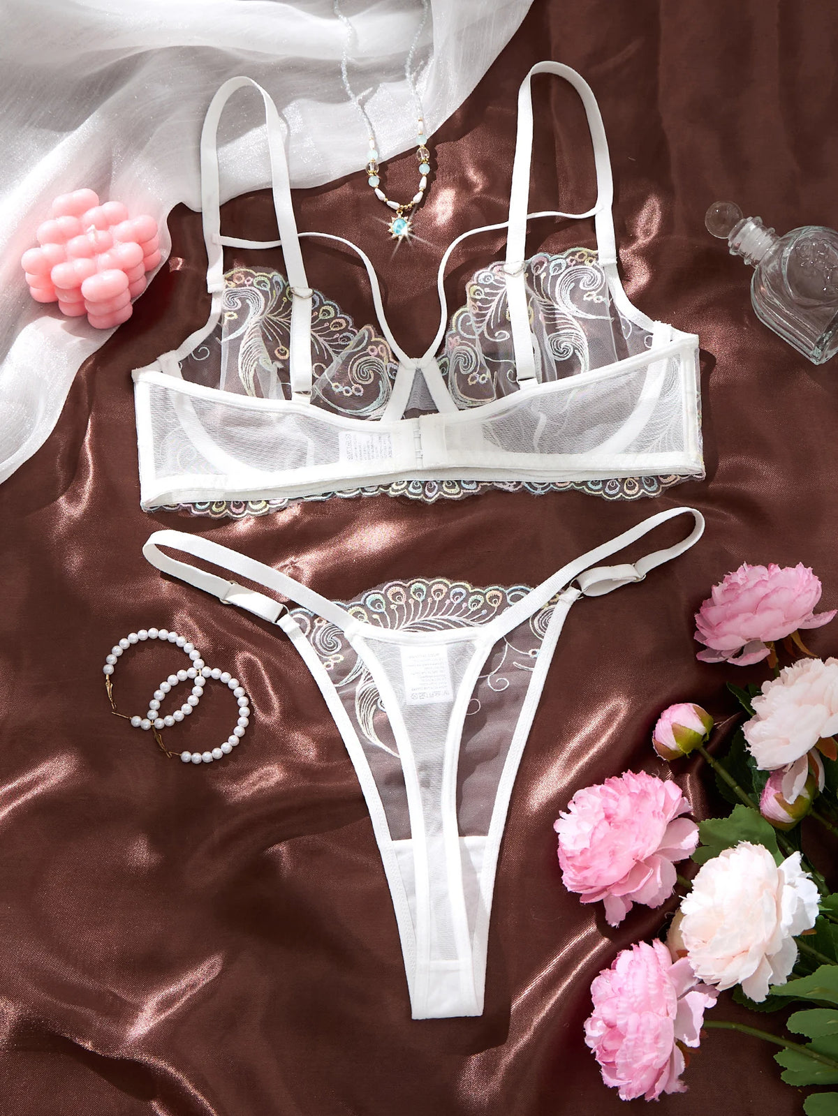 Women's White Peacock Embroidered Bra & Panty Set