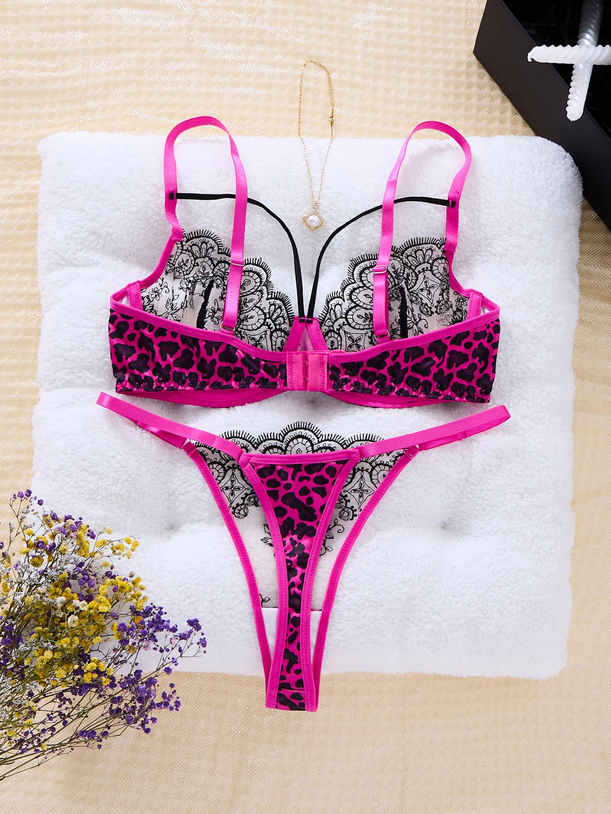 Magenta Leopard Lace Bra & Thong Set