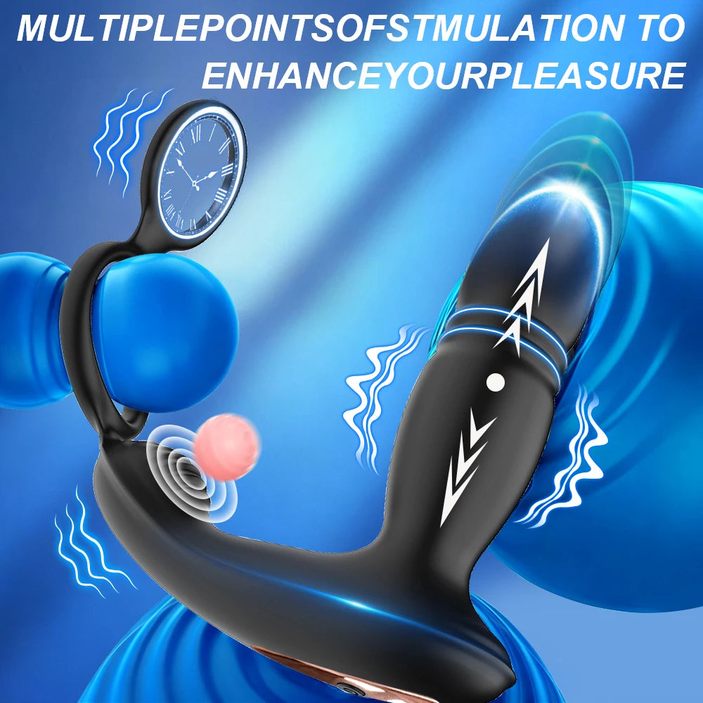 Bluetooth APP Control Thrusting Prostate Massager Vibrator Dual Ring Anal Expander Butt Plug Adult Goods Sex Toy for Men