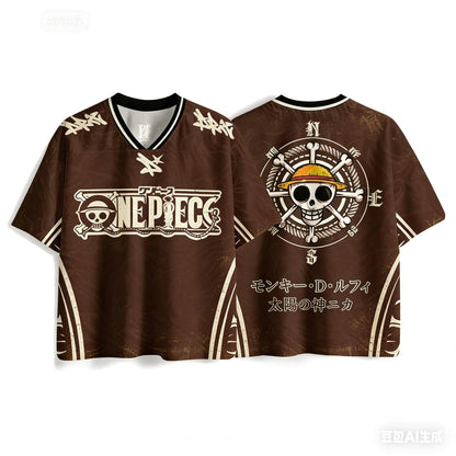 Bandai 2026 One Piece Luffy Anime T-shirt Retro Baseball Jersey Style Printed Y2k Street Wear Harajuku Family Matching