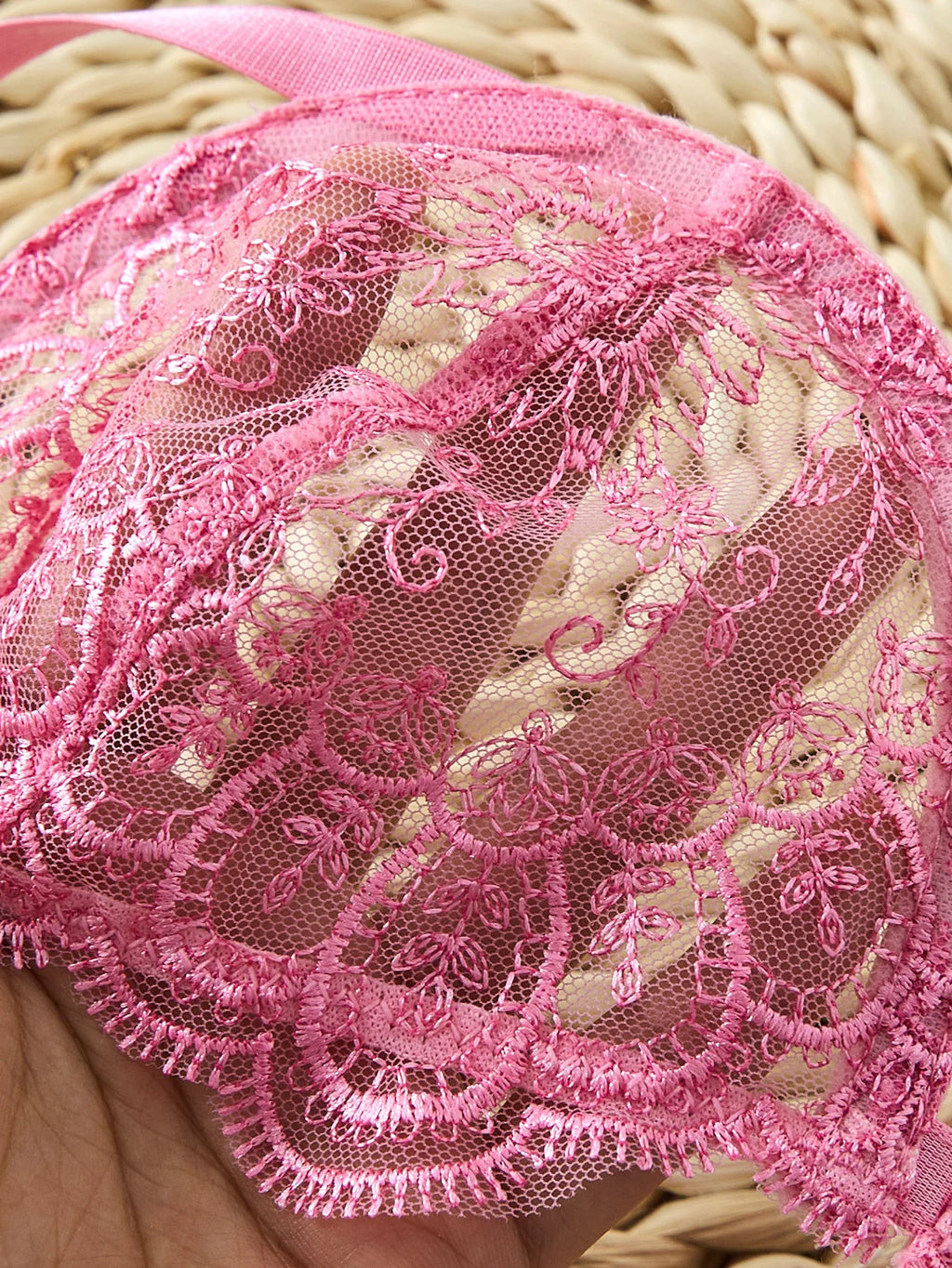 Pink Floral Embroidered Bra & Tie-Side Thong Set