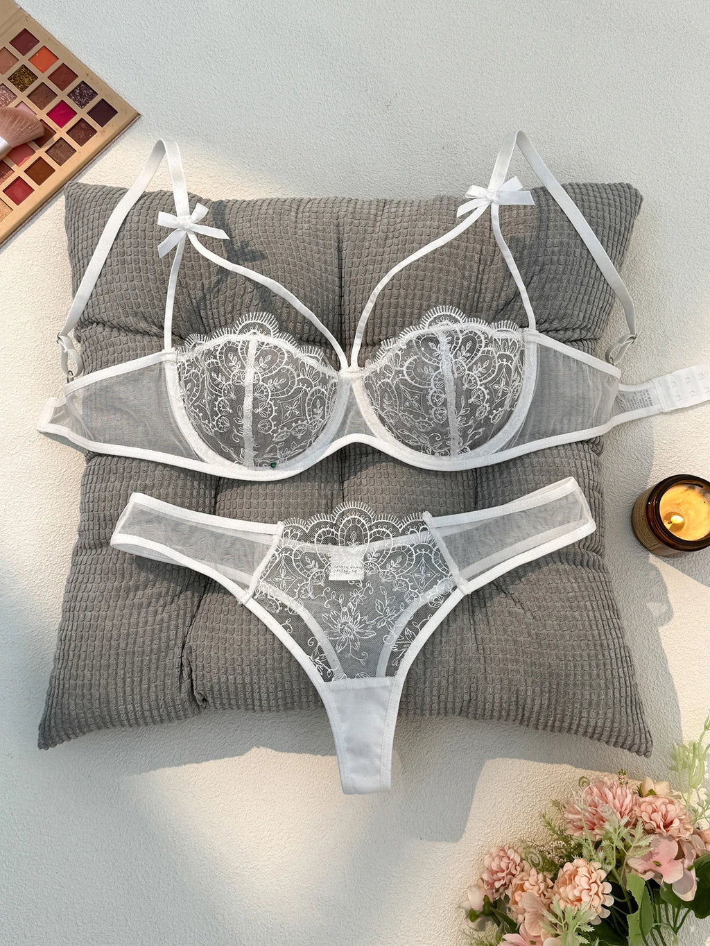 White Embroidered Bra & Thong Set