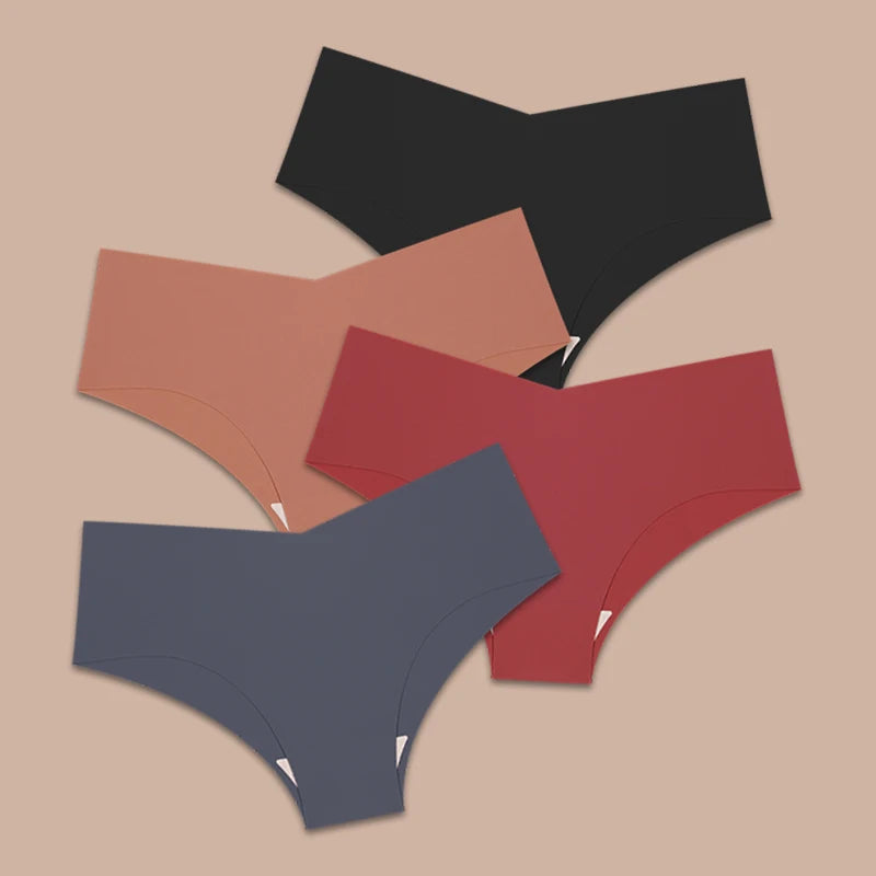 FINETOO 4pcs Seamless Ultra-thin Underwear Women's Panties Sexy V-Waist Breathable Briefs Female Silk Stretch Invisible Lingerie