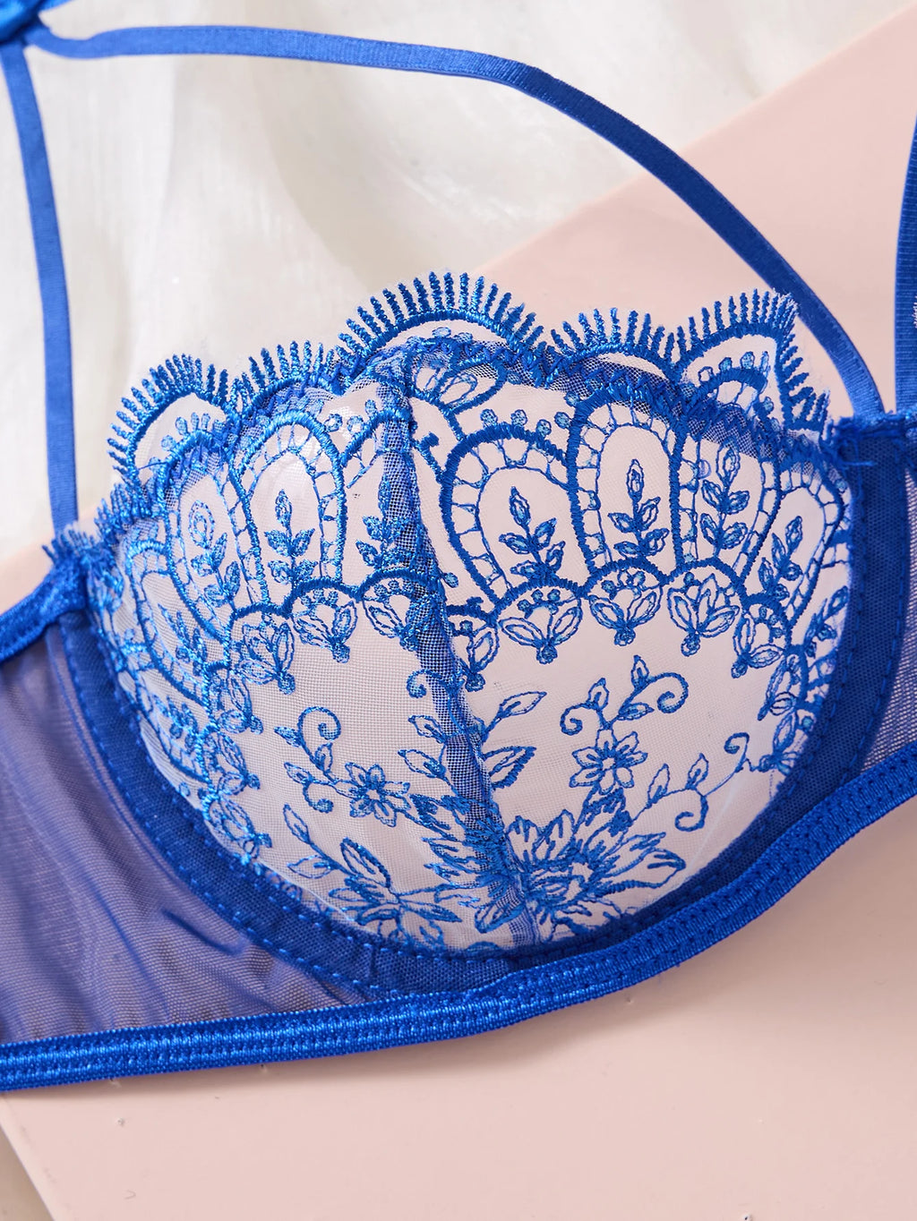 Royal Blue Floral Lace Bra & Thong Set