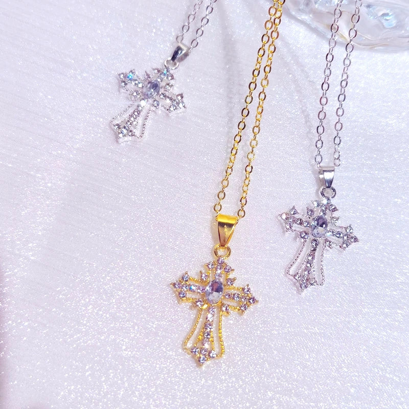 Gothic Pink Cross Necklace Y2K Purple Zircon Punk Pendant Necklace Grunge Heart Cross Necklace for Women Jewelry Accessories