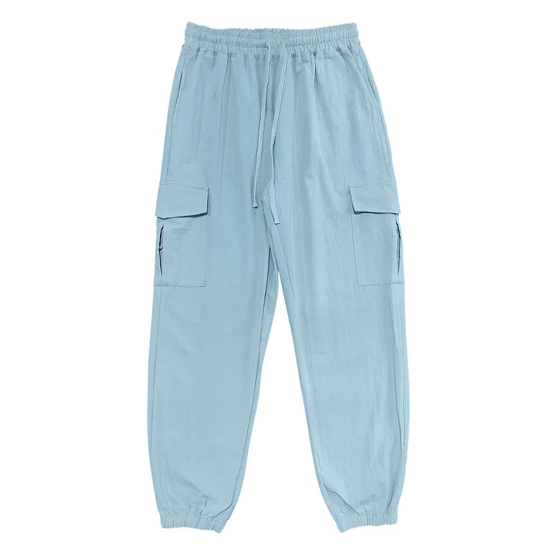 Amazon Cross-Border Cotton and Linen Tied Feet Multi-Pocket Tether Solid Color Loose Drawstring Trousers