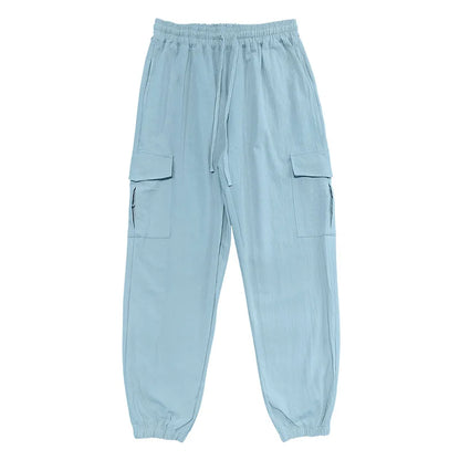 Amazon Cross-Border Cotton and Linen Tied Feet Multi-Pocket Tether Solid Color Loose Drawstring Trousers