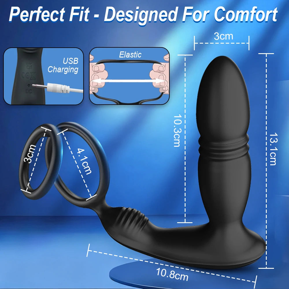 Bluetooth APP Control Thrusting Prostate Massager Vibrator Dual Ring Anal Expander Butt Plug Adult Goods Sex Toy for Men