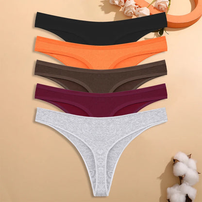 5PCS/Set Women Cotton Thongs Seamless Low Rise Underwear Sexy V-Waist Breathable T-Back Solid Color Girls Comfortable Lingerie