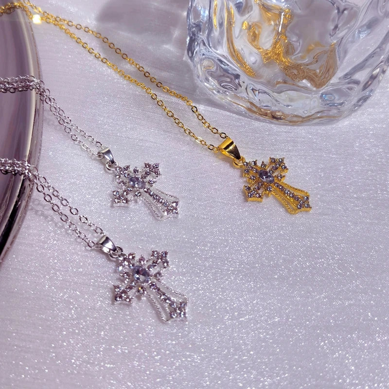Gothic Pink Cross Necklace Y2K Purple Zircon Punk Pendant Necklace Grunge Heart Cross Necklace for Women Jewelry Accessories
