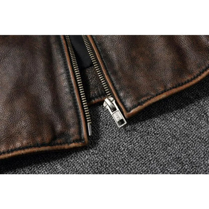 KIDWHXR Autumn Men Leather Jacket Motorcycle Retro Stand Collar Zipper Male Coat Slim Long Sleeve Windproof Man Casual Outerwear