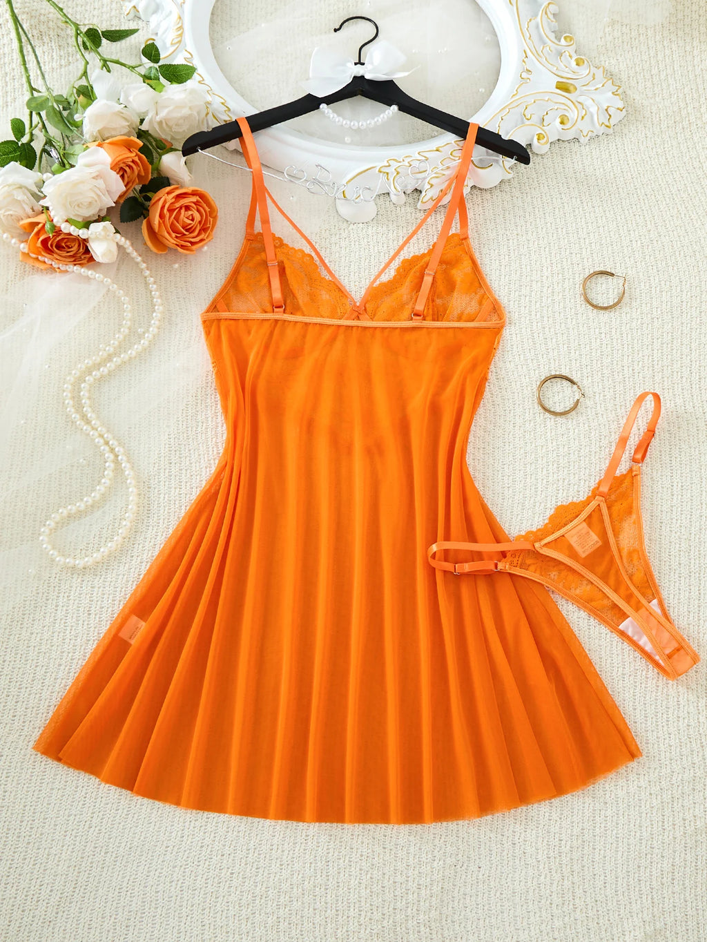 Orange Lace Mesh Sleepwear Set