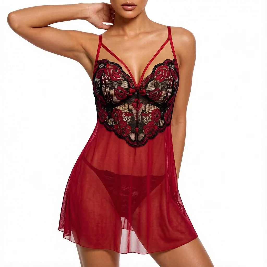 Wine Red Rose Embroidered Lace Nightgown Set