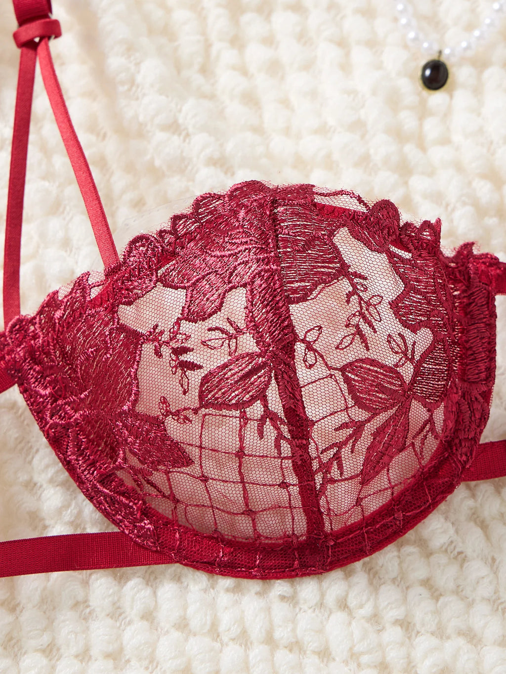 Red Floral Lace Bra & Tie-Side Thong Set