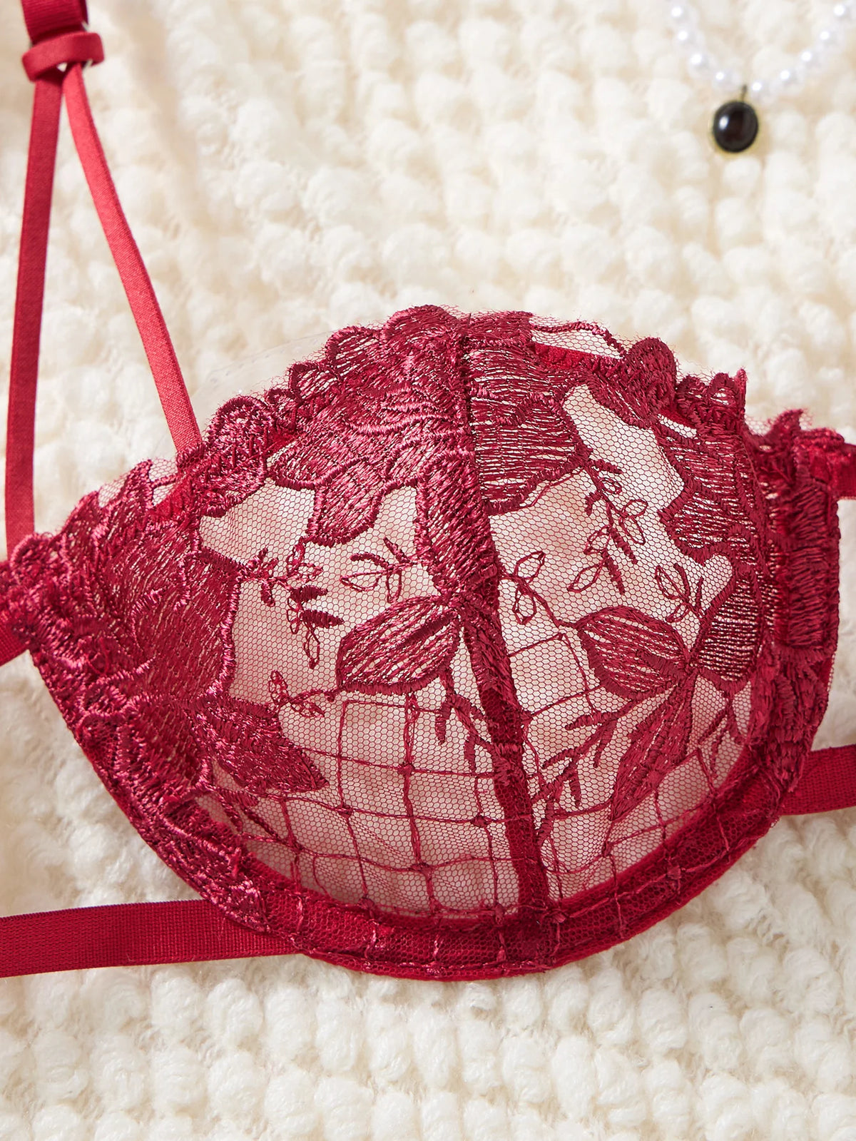 Red Floral Lace Bra & Tie-Side Thong Set