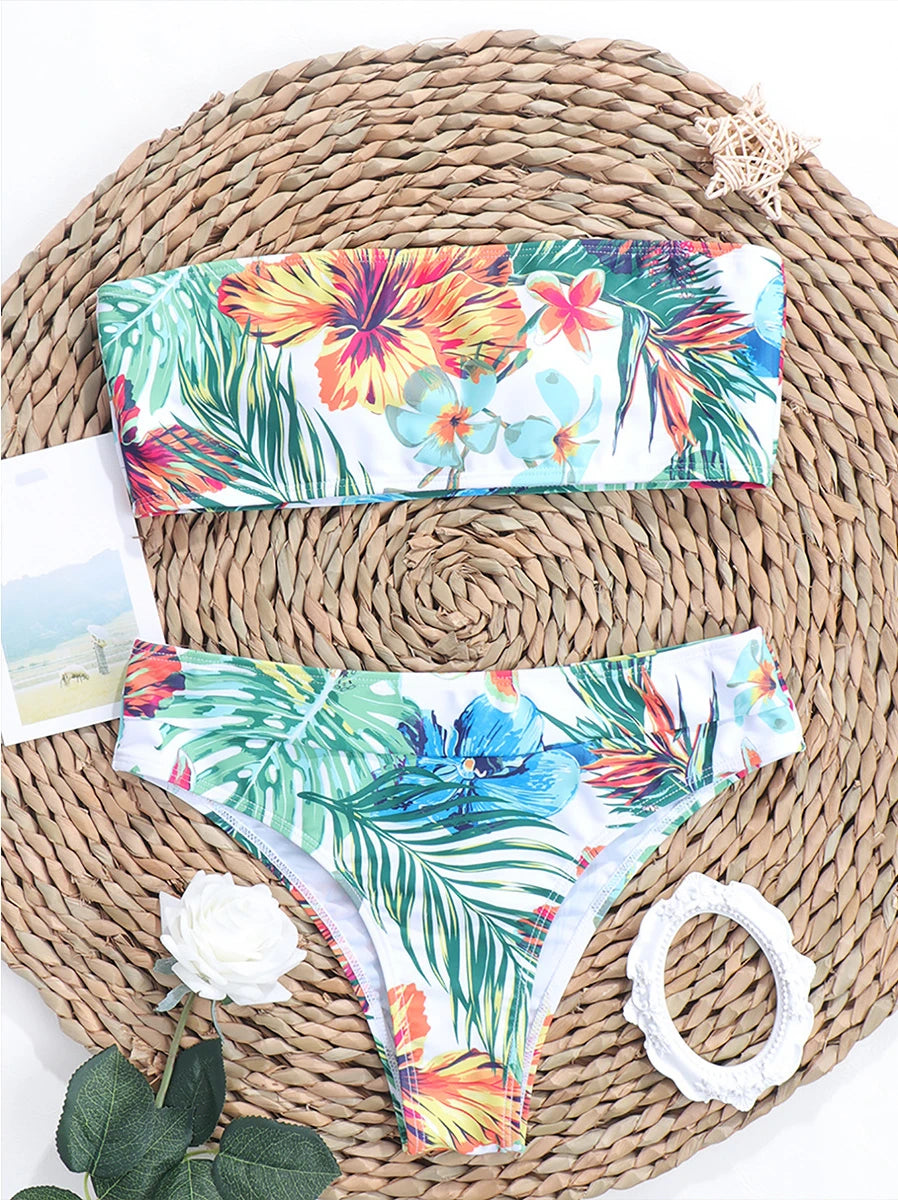 Women's Pink Leaf Print Bikini Set
