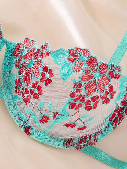 Women's Sheer Floral Embroidered Bra & Brief Set