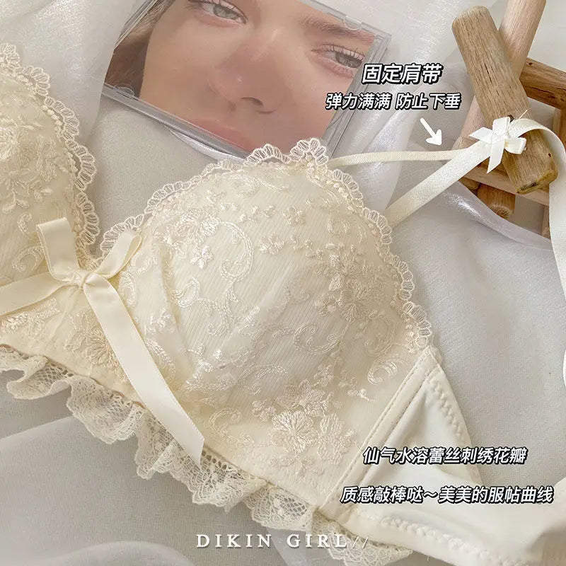 Women's Embroidered Lace Wireless Bra Set