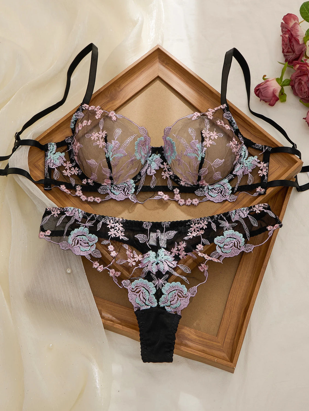 Women's Pink Embroidered Bra & Panty Set