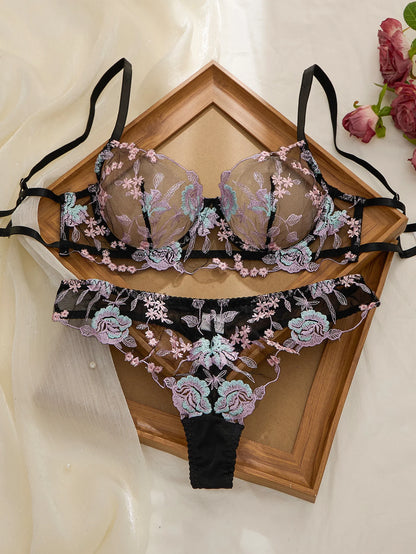 Women's Pink Embroidered Bra & Panty Set