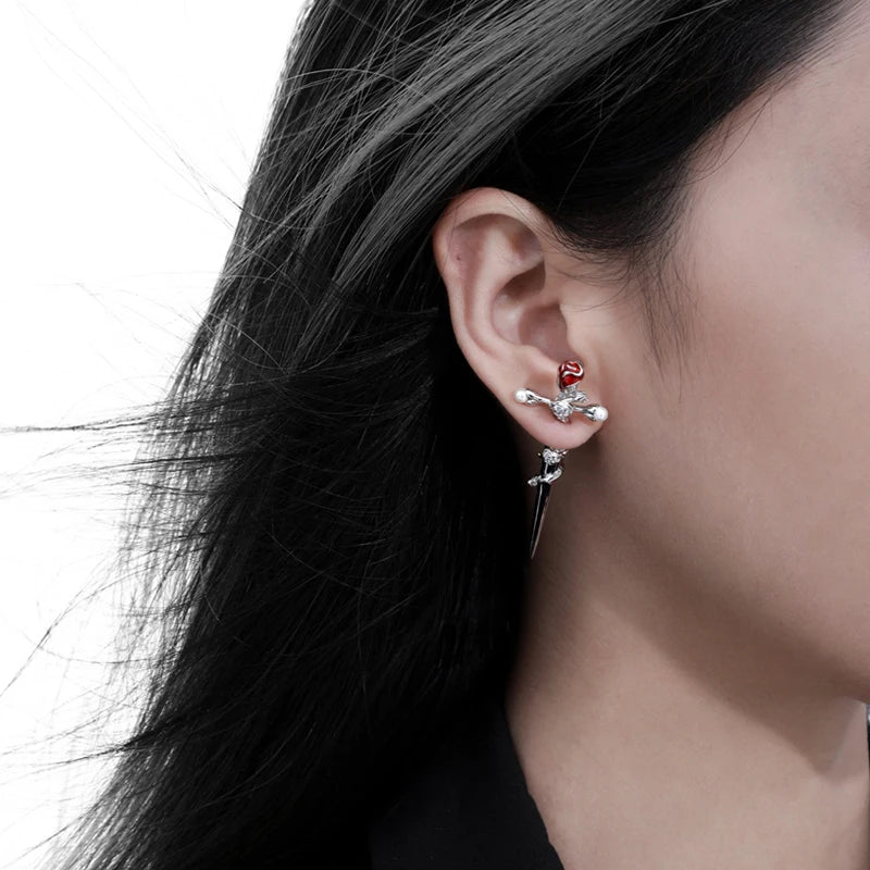 Gothic Red Rose Flower Cross Piercing Earrings Harajuku Kpop Dark Thorn Rose Stud Earring Grunge Girl Cross Sword Jewelry Party
