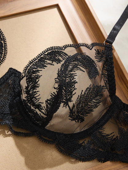 Women's Black Feather Detail Lingerie Set