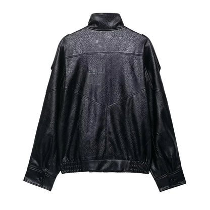 TFMLN 2025 Women Faux Leather Loose Jacket High Street Stand Collar Long Sleeve Coat Fashion Causal Zipper Outwear Autumn Winter