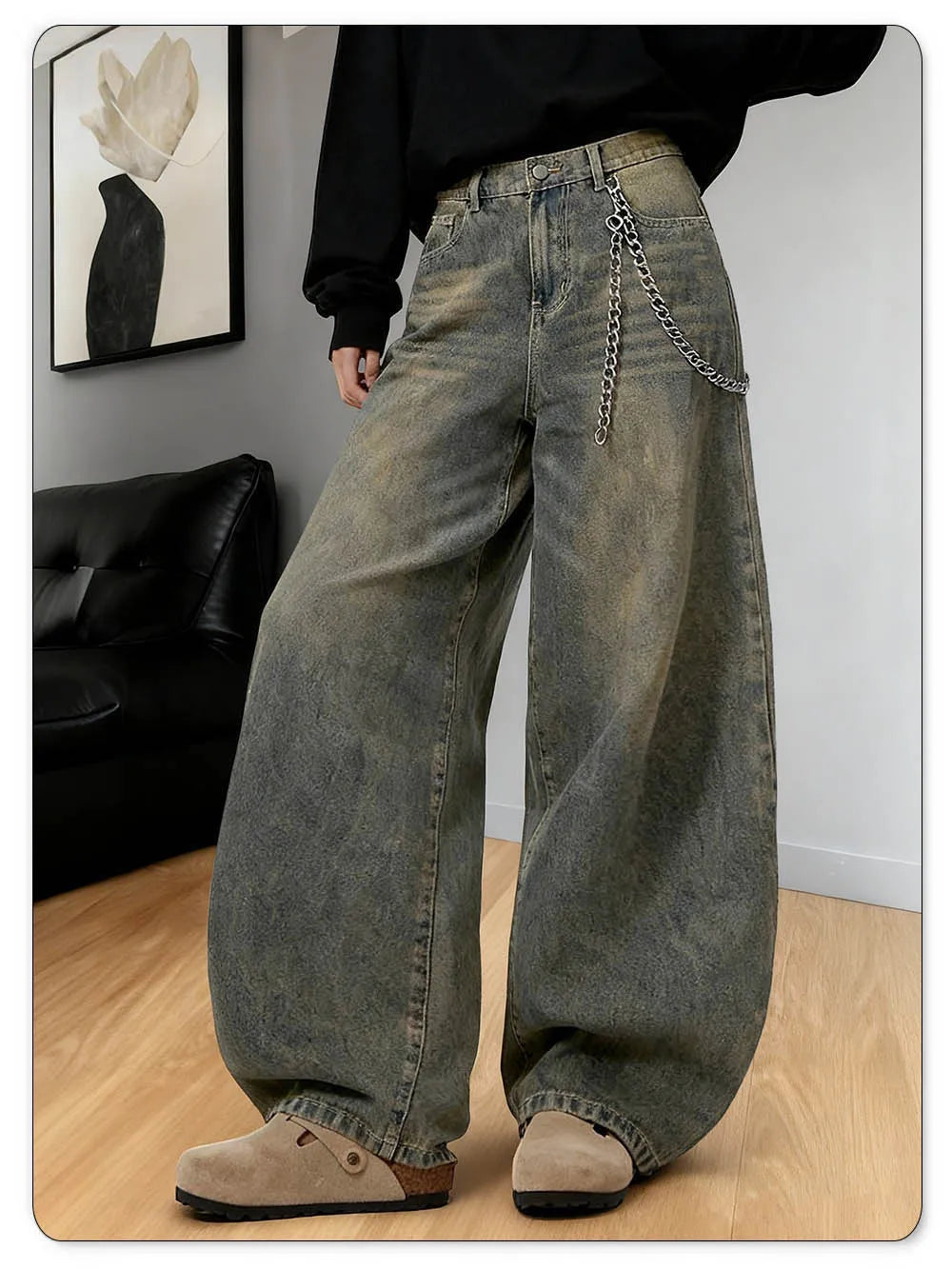 LIYS American Retro Baggy Wide Leg Jeans Men's Streetwear Distressed Y2K Clothing Casual Daily Four Seasons Denim Pants Unisex