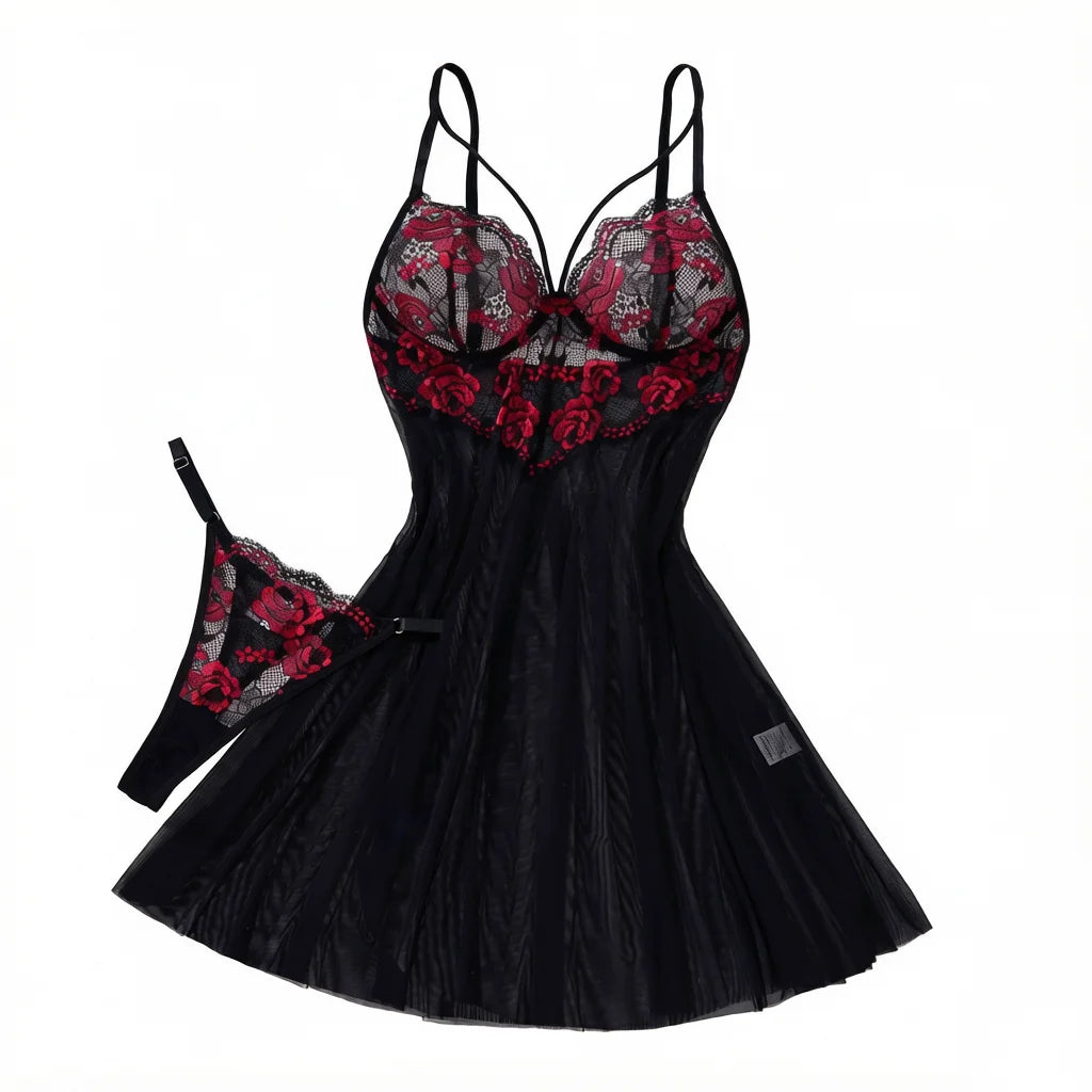 Black Red Rose Embroidered Nightgown Set