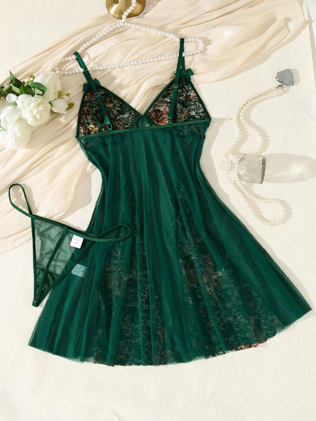 Green Floral Lace V-Neck Nightgown Set