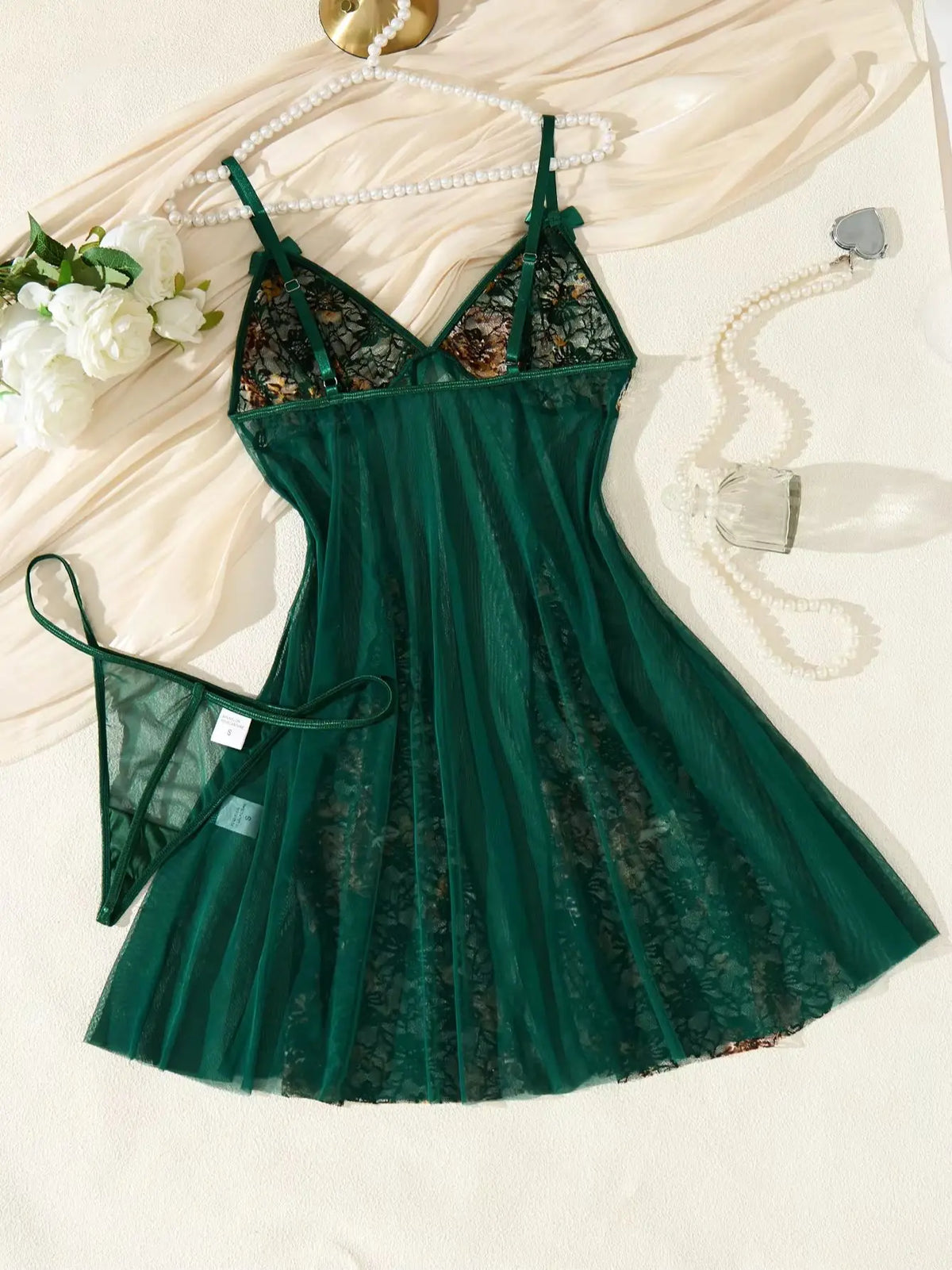 Green Floral Lace V-Neck Nightgown Set