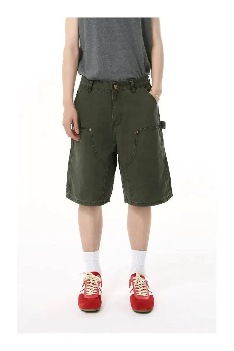 IEFB Men's Wear Knee Length Denim Shorts Summer New Multi Pocket Loose Jeans Solid Color Japanese Style Male Overalls 9C6027