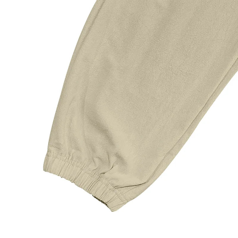Amazon Cross-Border Cotton and Linen Tied Feet Multi-Pocket Tether Solid Color Loose Drawstring Trousers
