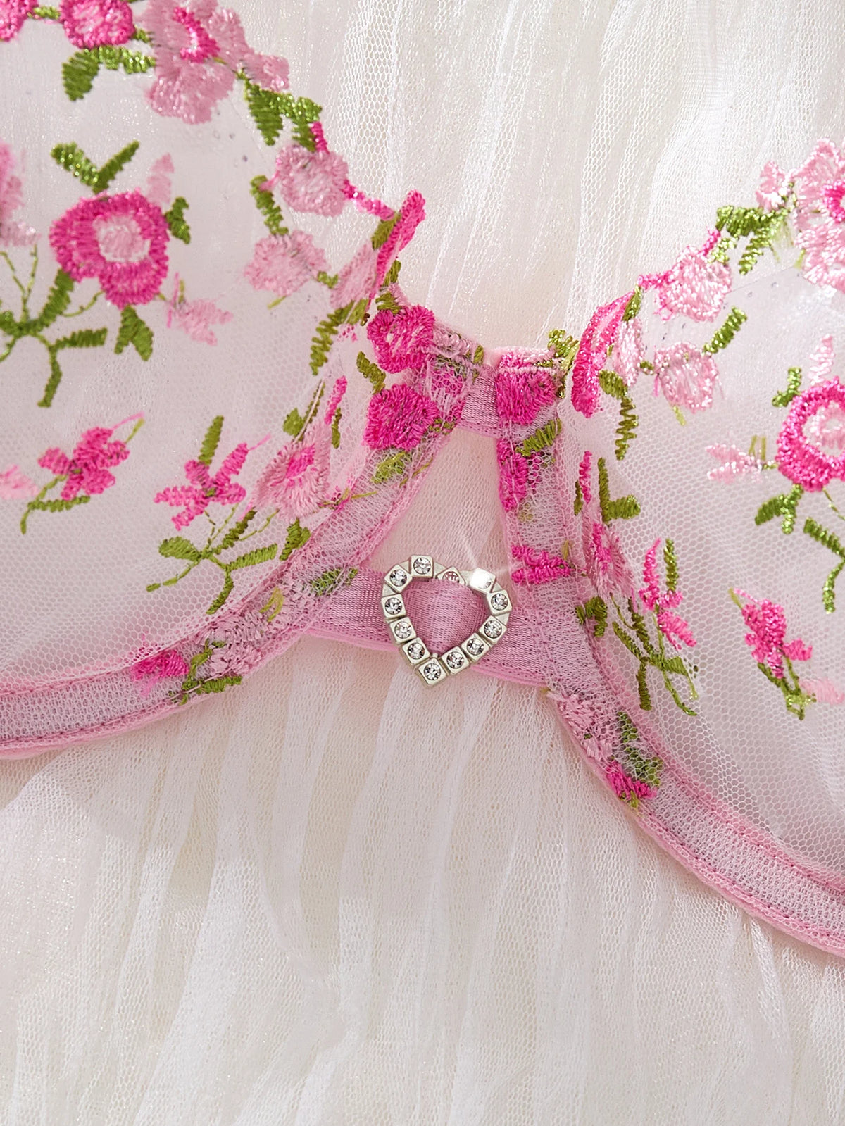 Pink Floral Embroidered Bra & Thong Set