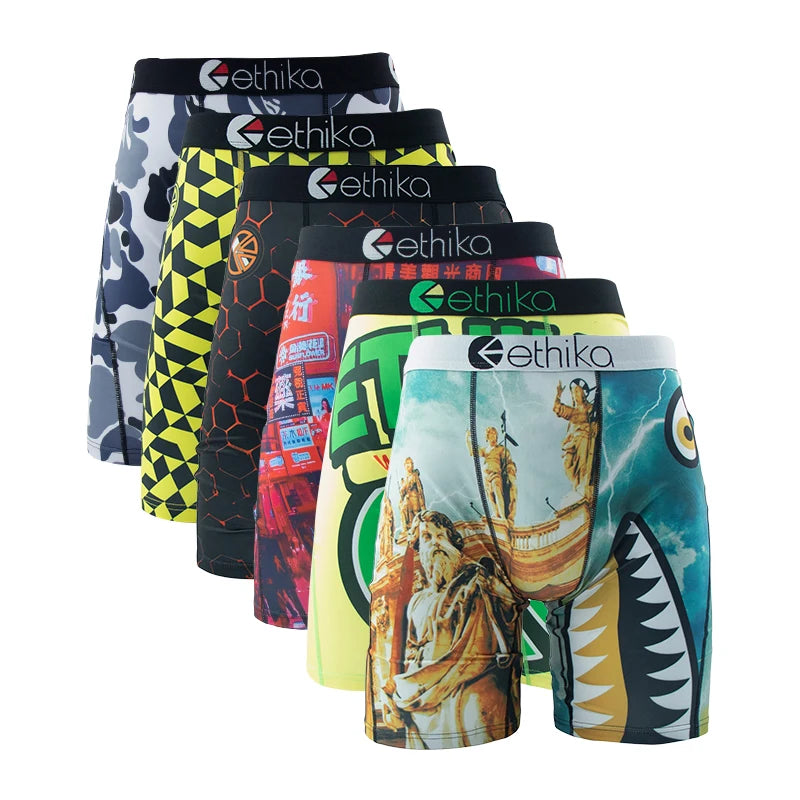 ETHIKA 6Pcs Men Underwear Boxers Breathable Mesh Man Swimming Underpants Plus Size Printed Mens Panties Sexy Men's Boxershorts