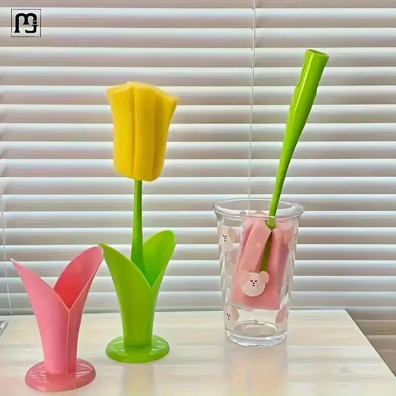 1pc Tulip Cup Brush with Detachable Sponge Head - Long Handle Bottle & Glass Cleaner, Durable Plastic, Ideal for Kitchen Use