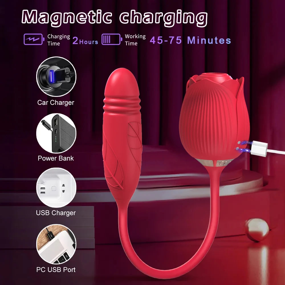 Vibrator Dildo Sex Toys for Women - Rose Sex Toy with Thrusting G Spot Vibrators & Sucking Modes for Clitoral Nipple Stimulation