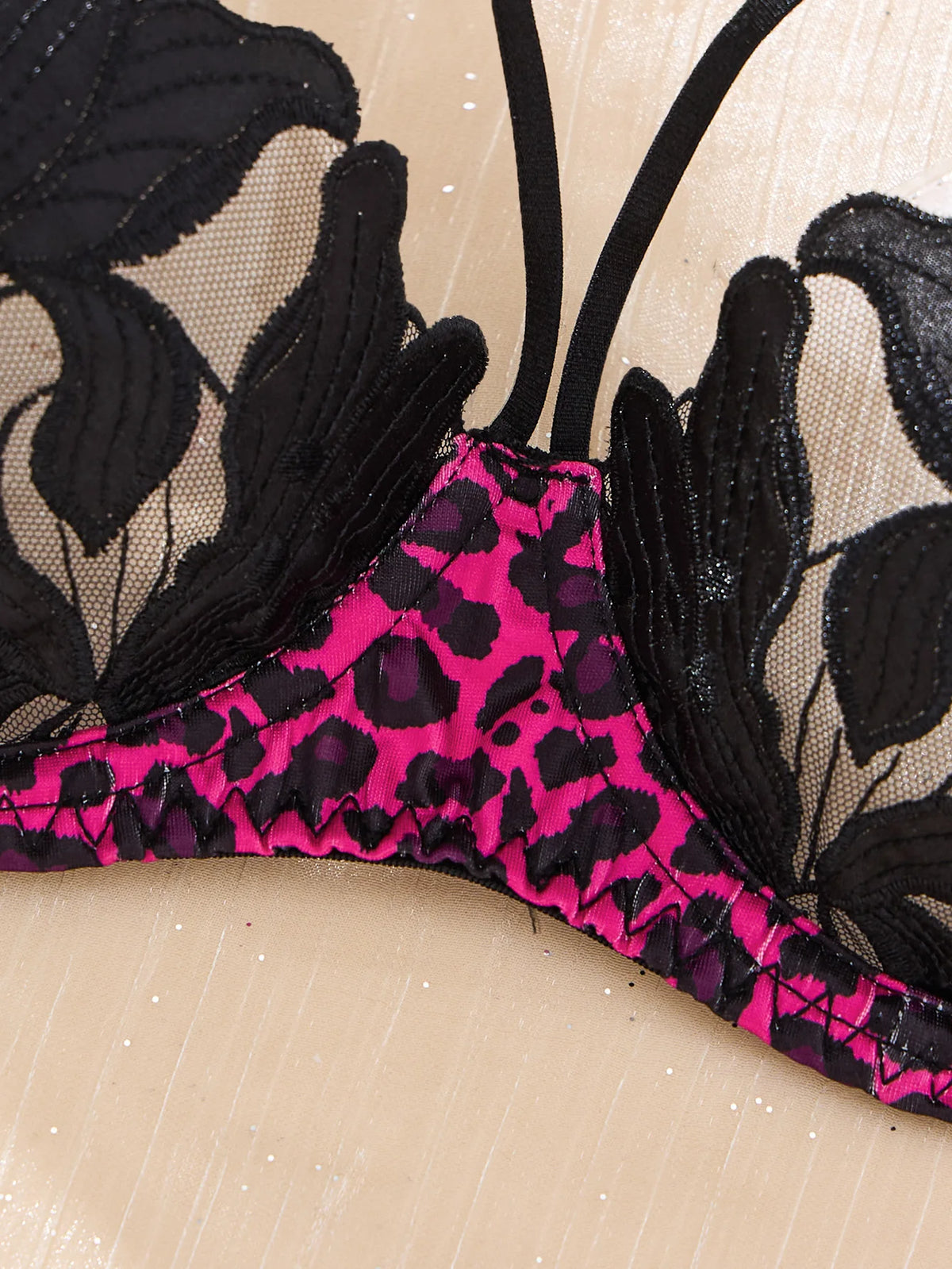 Hot Pink Leopard Floral Embroidered Bra & Thong Set