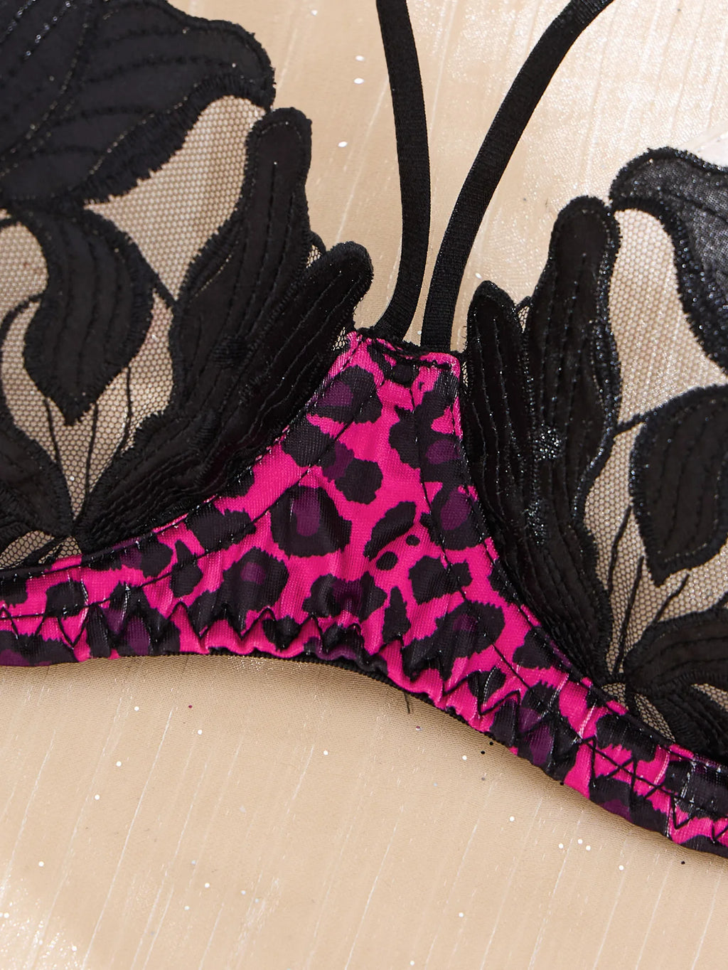 Hot Pink Leopard Floral Embroidered Bra & Thong Set