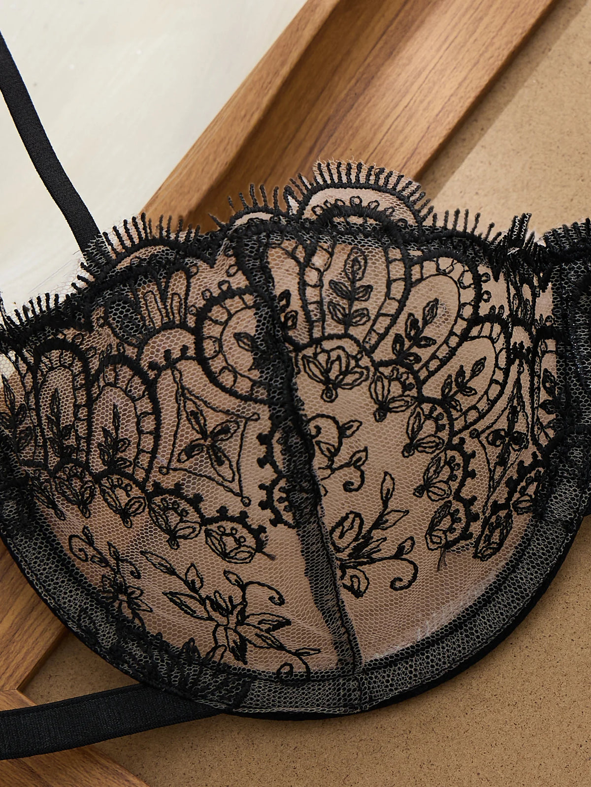 Black Floral Embroidered Bra & Thong Set