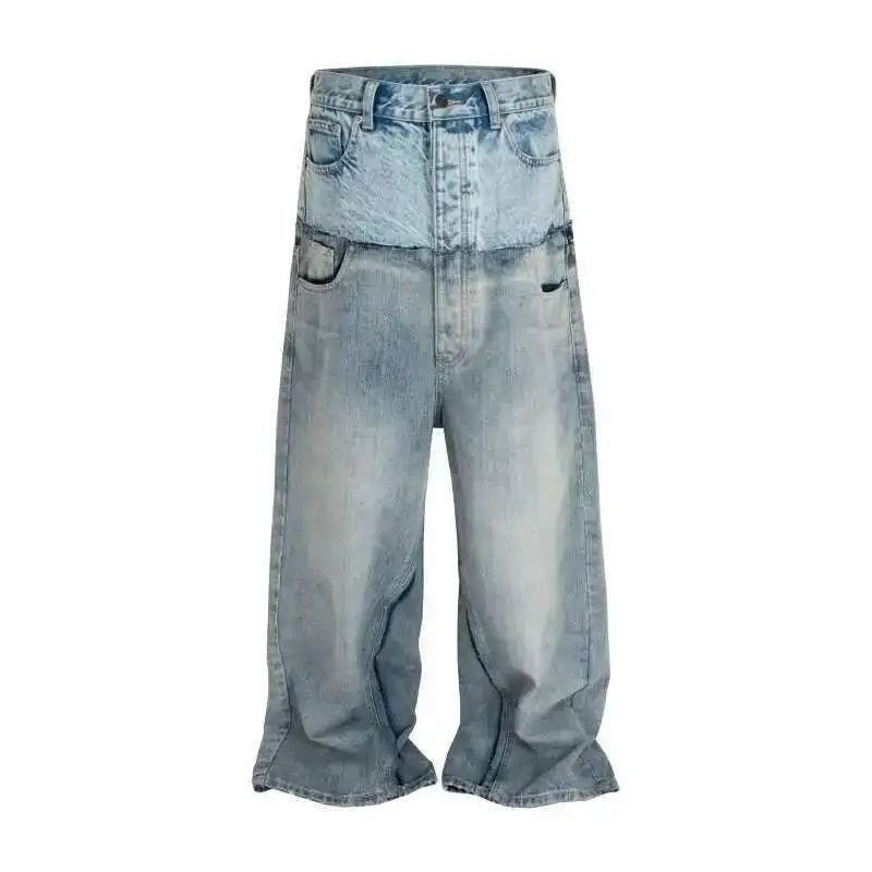 PFNW Niche Colorblock Patchwork Wide Leg Blue Jeans Men's Spring 2025 New Straight Double Waist Design Denim Trousers 28W6048