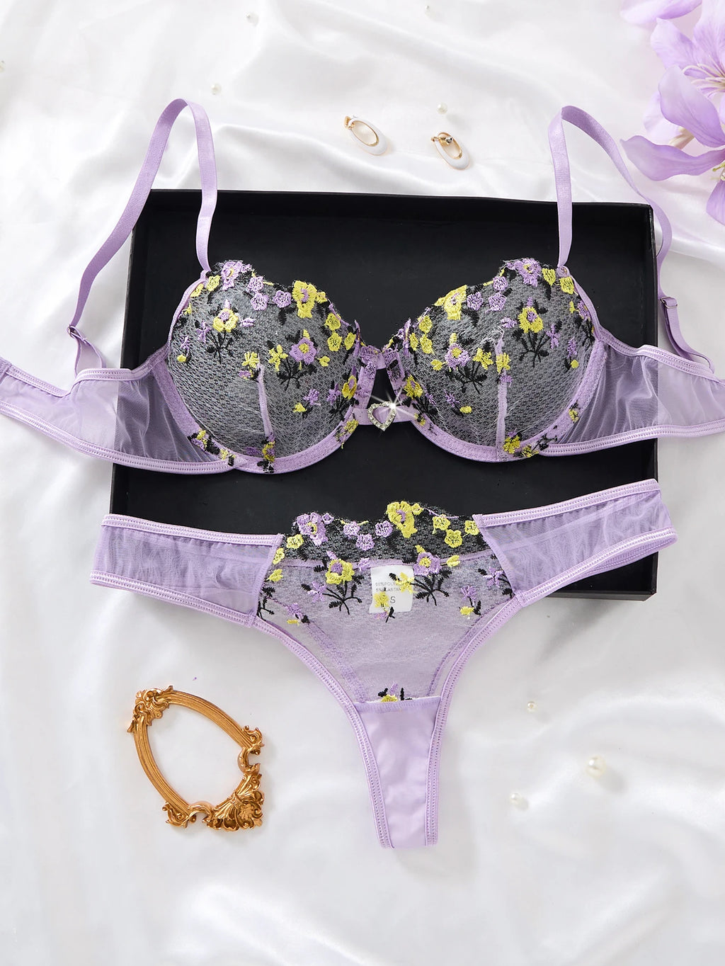 Women's Purple Floral Embroidered Bra & Brief Set