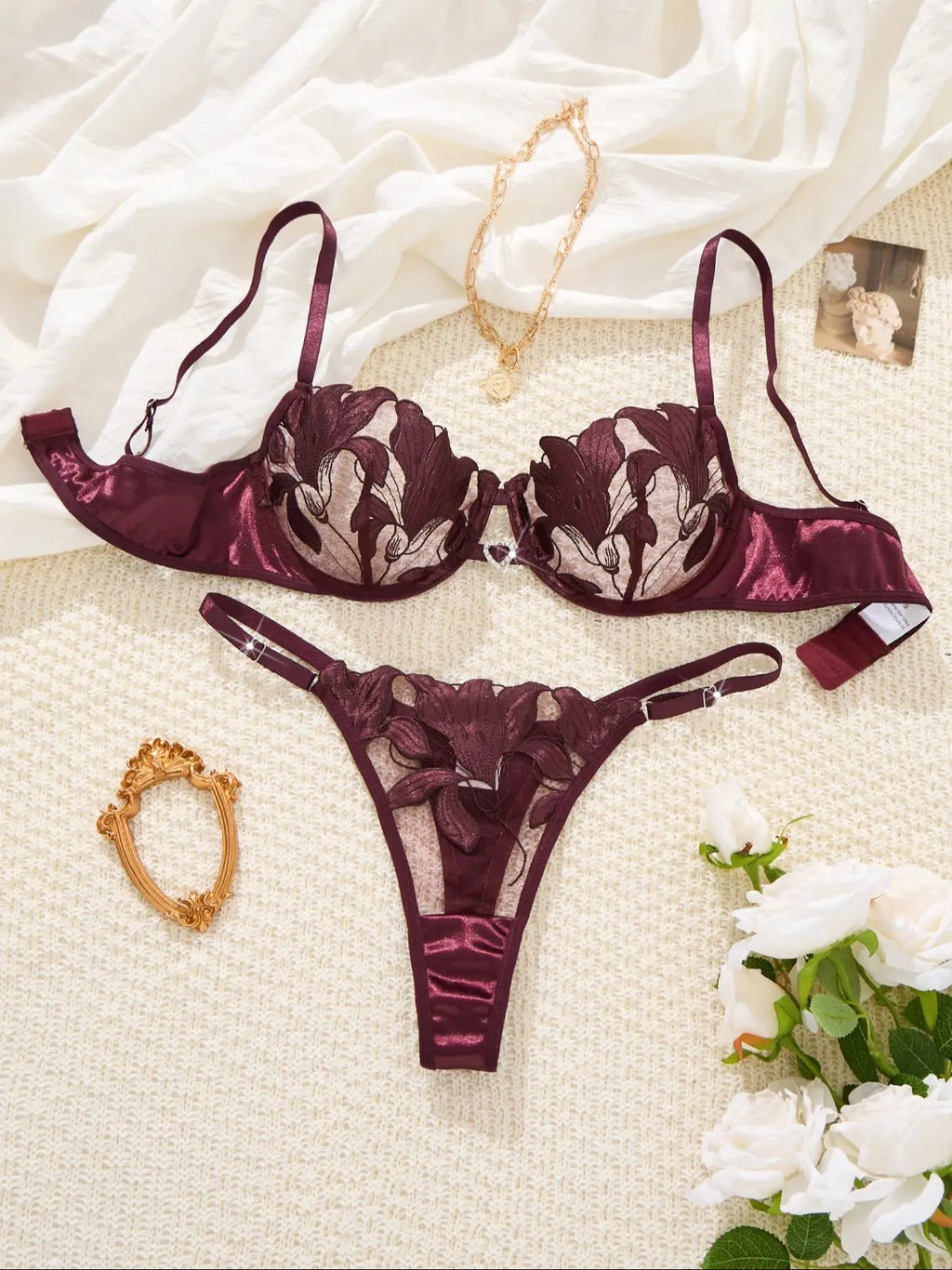 Purple Floral Embroidered Bra & Thong Set