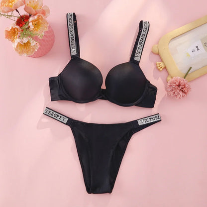 Victoria s Secret Rhinestone Logo Shoulder Straps Lace Underwear Sexy Lingerie Set Push Up Bra And Panties Set For Women